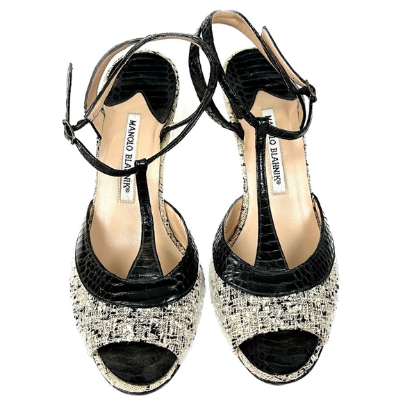 Manolo Blahnik T-Strap Heels – Black Leather & Tweed – Size 39½ - Picture 6 of 16